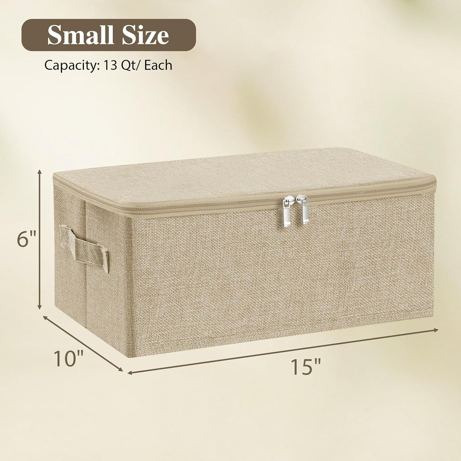 ANMINY Storage Bins with Zipper Lids 13 Qt Lidded Fabric Storage Boxes Baskets Cubes with Handles Collapsible Washable Cotton Linen Closet Shelf Clothes Organizer Containers - Beige, Small