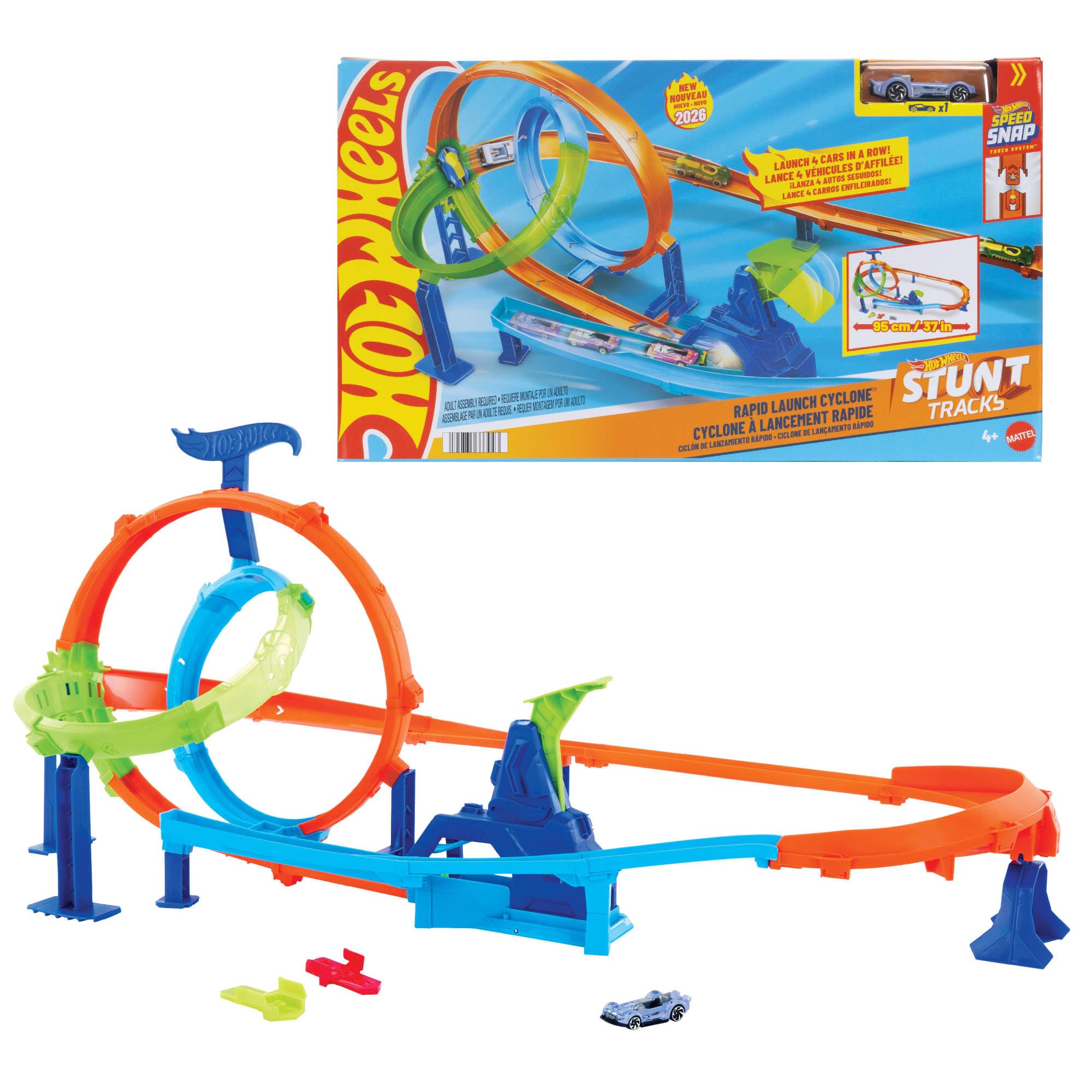 Hot Wheels Stunt Tracks - Mega Ciclone, pista con 2 giri della morte e 2 zone di scontro, con veicolo incluso e collegabile con sistema Speed Snap, 4+ anni, JHK73