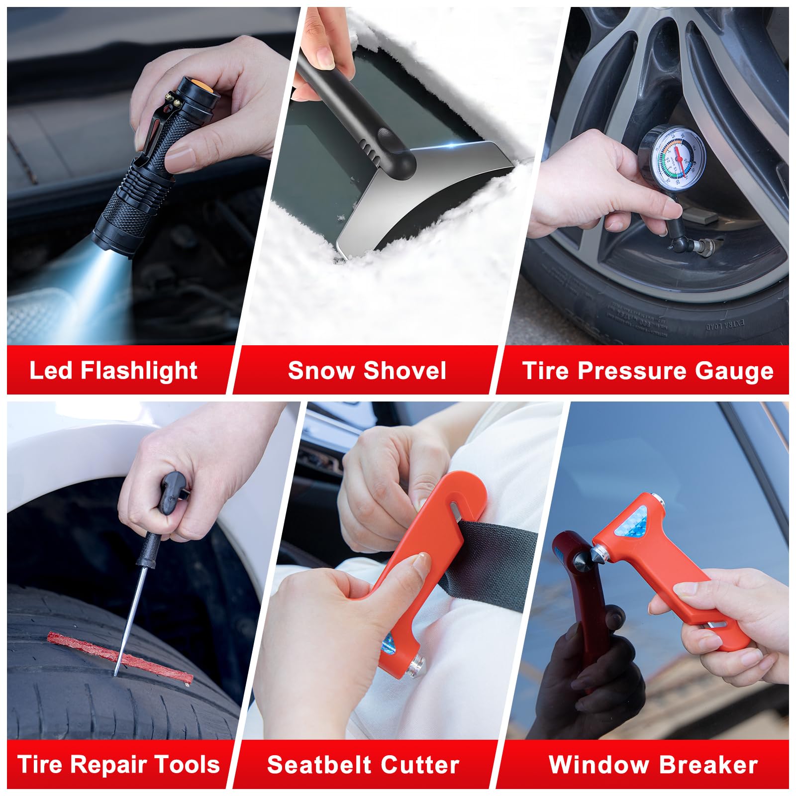 Car Roadside Emergency Kit - Car Emergency Kit with Jumper Cables, Tow Rope, Folding Shovel, Safety Hammer, Reflective Warning Triangle, Car Safety Kits for Men, Women, Teenagers