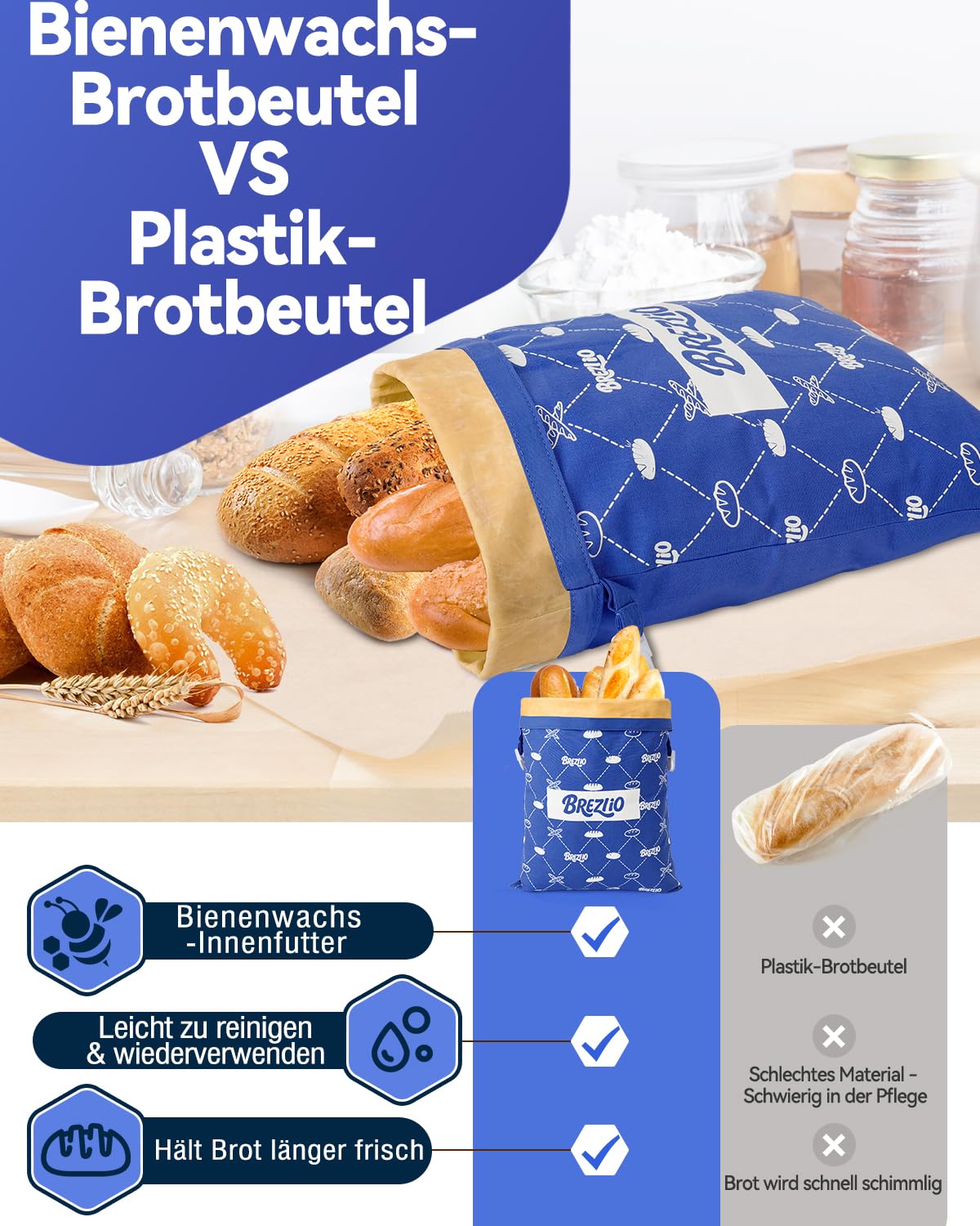 Sacchetti per il pane di cera d'api 2 pezzi – sacchetti di cotone riutilizzabili 32 × 43 cm extra grandi – per mantenere il pane e i prodotti da forno (blu + giallo)