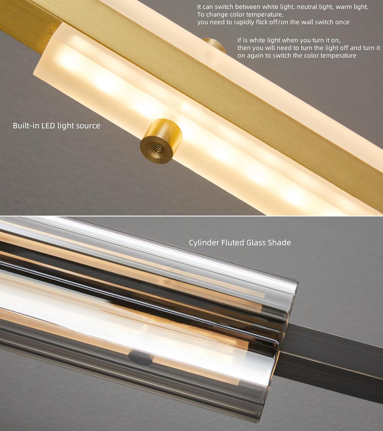 Cylinder Fluted Glass Wall Sconce Smoke Grey Shade Black Brass Wall Lamp Long Glass Tube Sconce Wall Lighting Modern Ribbed Bathroom Sconce for Living Room Bedroom - 19.5"
