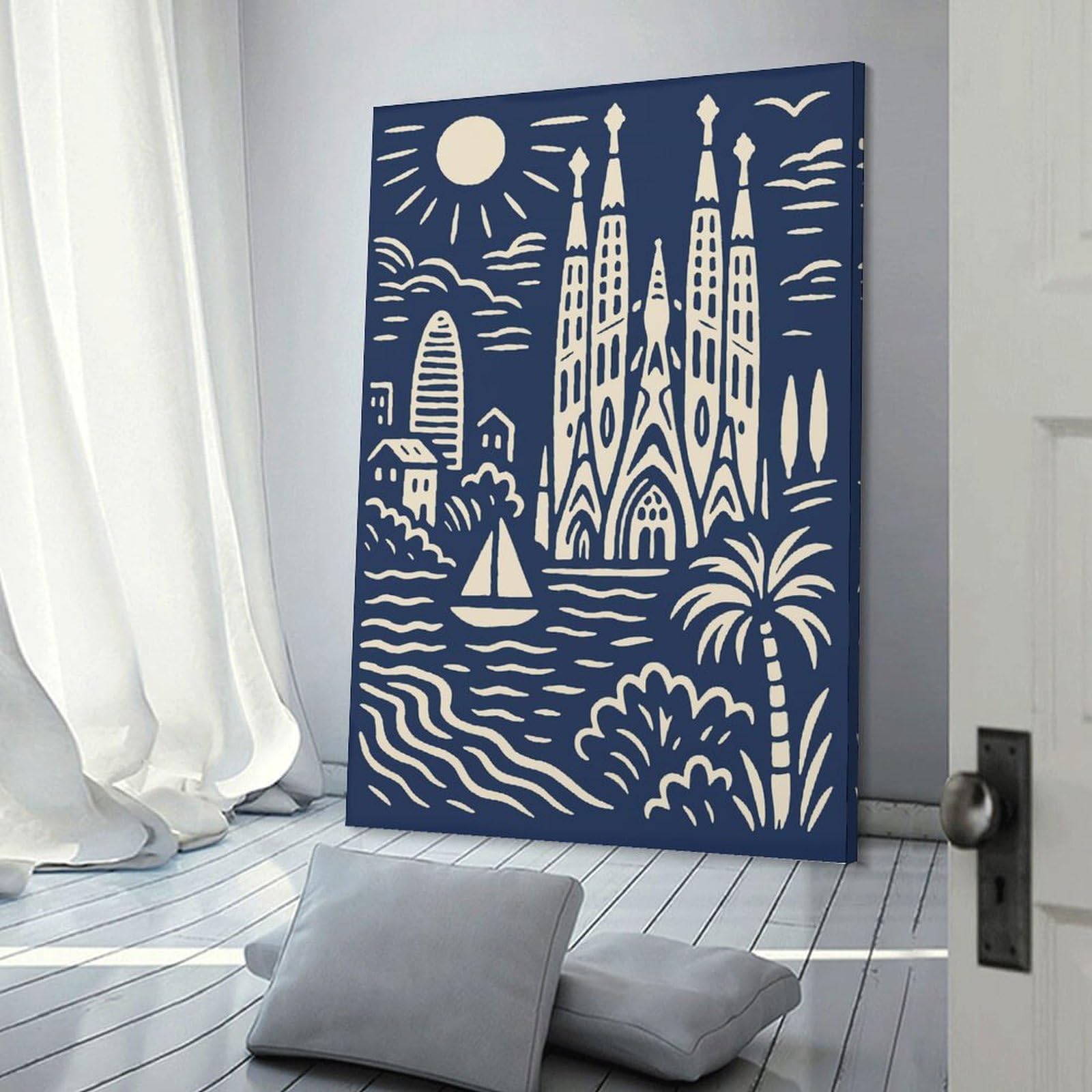 Junmoney Barcelona Skyline with Sagrada Familia Canvas Wall Art, 24x36inch(60x90cm), for Entrance Walls, Hall Decor Or Foyers, Wall Decor to Refresh Empty Corners