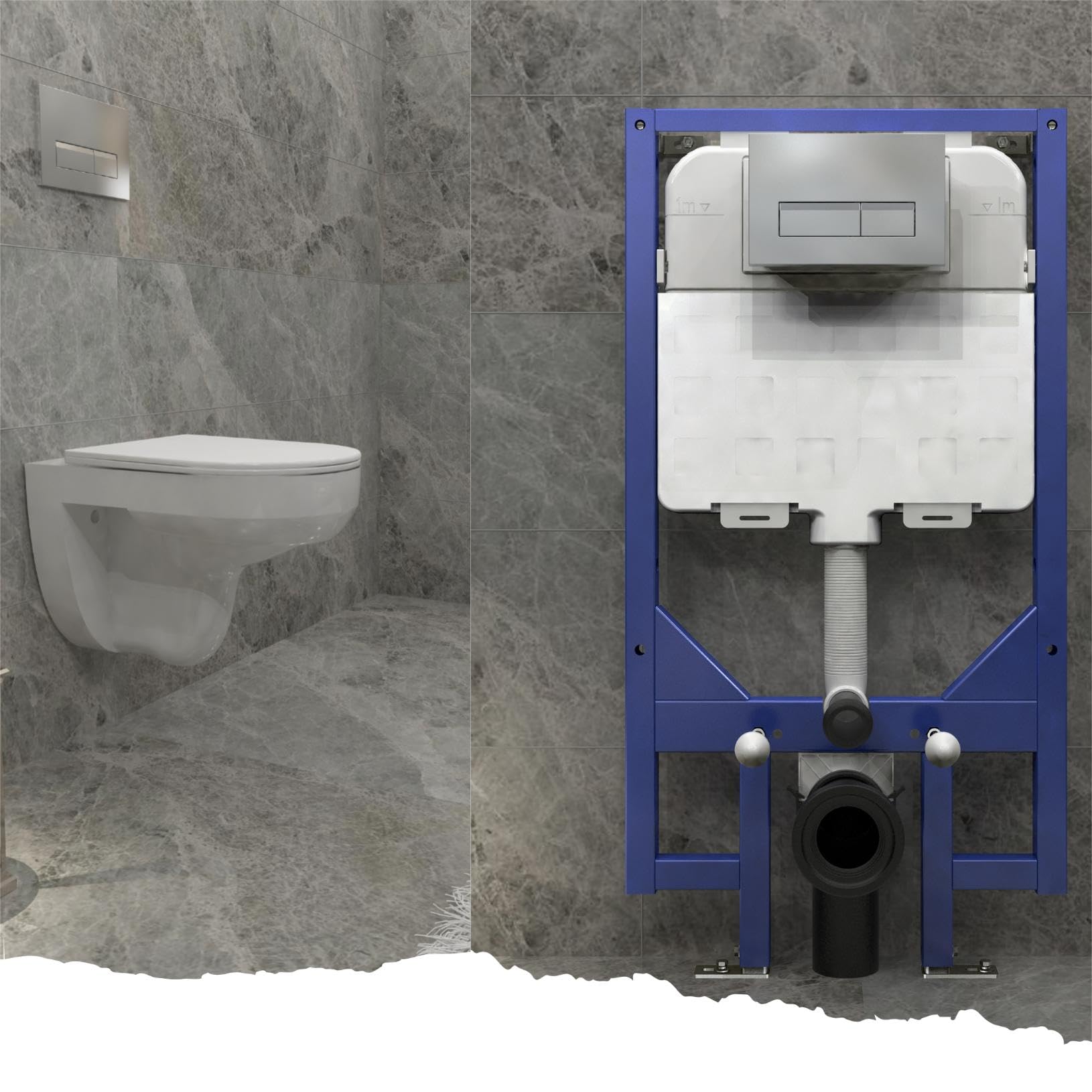Biubiubath Complete Set-415-Uf Modern Bathroom Round Rimless Wall Hung Toilet Uf Slim Soft Close Seat With 1.14M Concealed Cistern Frame Set & Rectangular Sliver Dual Flush Plate