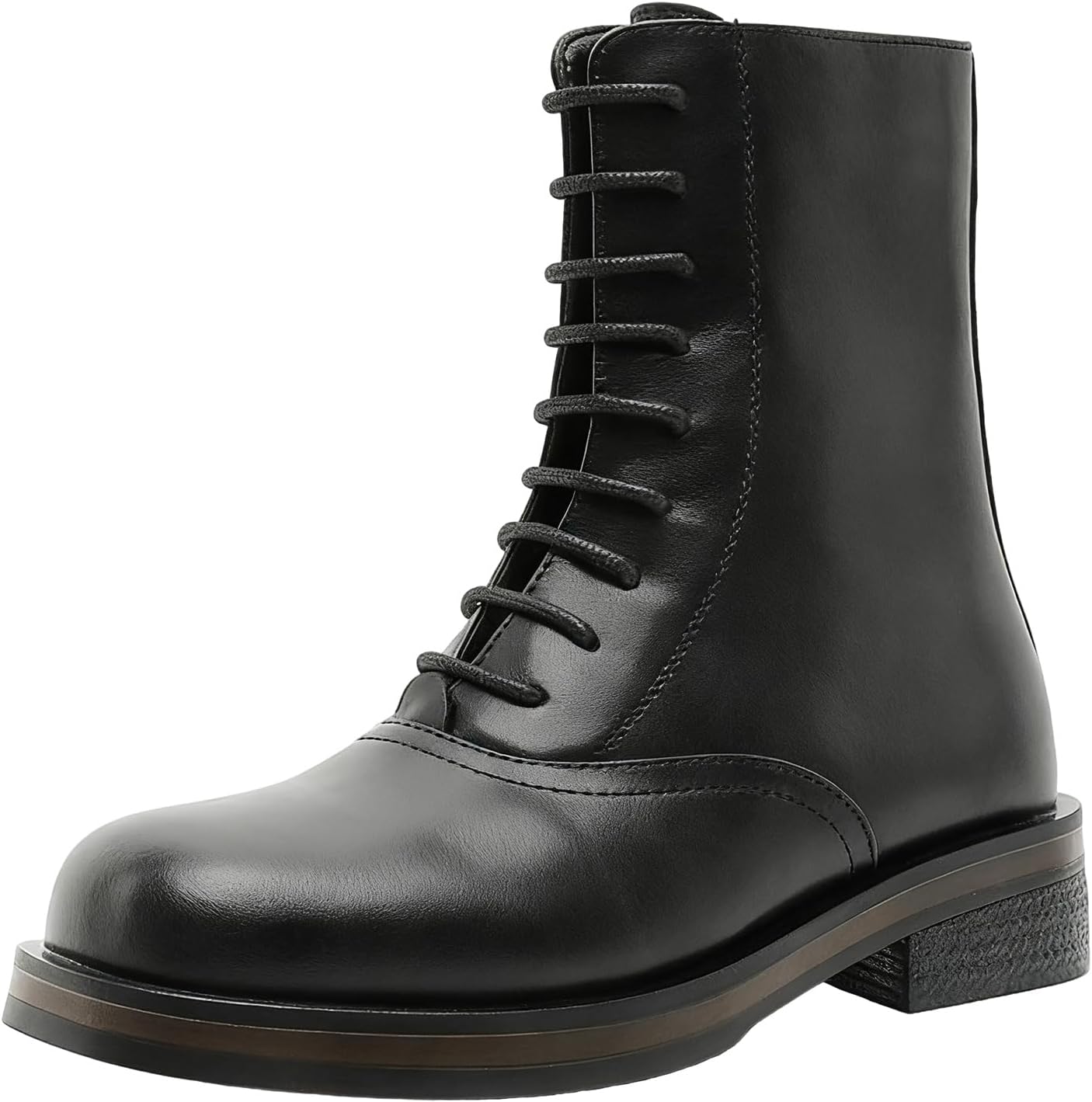 Men'S Stylish Leather Lace-Up High-Top Motorcycle Boots Retro Round-Toe Non-Slip Thick-Soled Chunky Heel Mid-Calf Ankle Boots With Side Zipper Casual Outdoor Riding Combat Boots