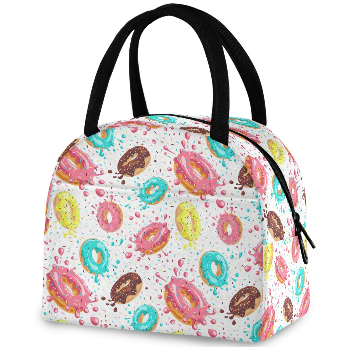ZzWwR Cute Colorful Splashed Donuts Reusable Lunch Tote Bag with Front Pocket Zipper Closure Insulated Cooler Container Bag for Man Women Work Picnic