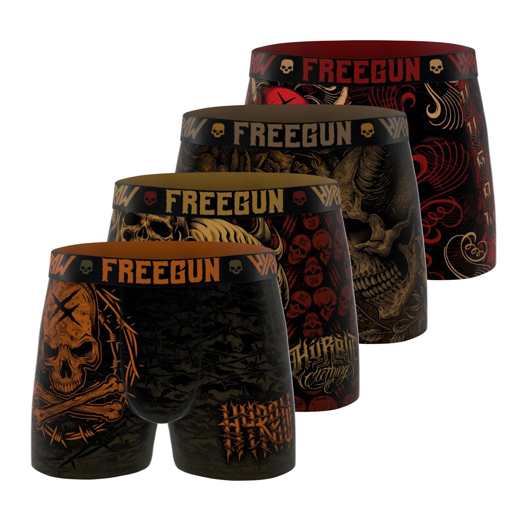 FREEGUN Boxer Caleçon Homme HYRAW, Lot de 4 | Homme, Coupe Ajustée, Imprimés originaux, Sport, Ultra-doux, Respirant, Tissu extensible, Doublure 100% Coton, Ceinture Large