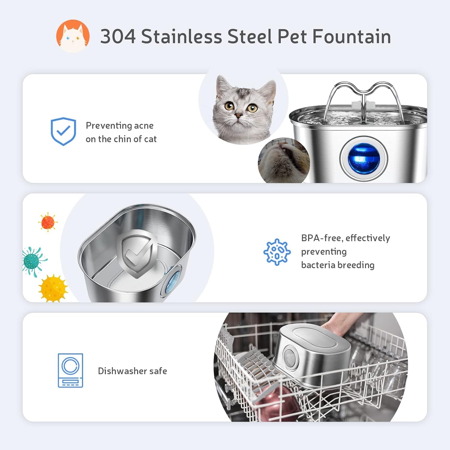 Foliam® Cat Water Fountain - 3.2L/108oz Stainless Steel Pet Water Drinking Fountain for Cats Indoor, Dog Water Fountain with Water Level Window (Silver, Rectangle 3L-2) 4