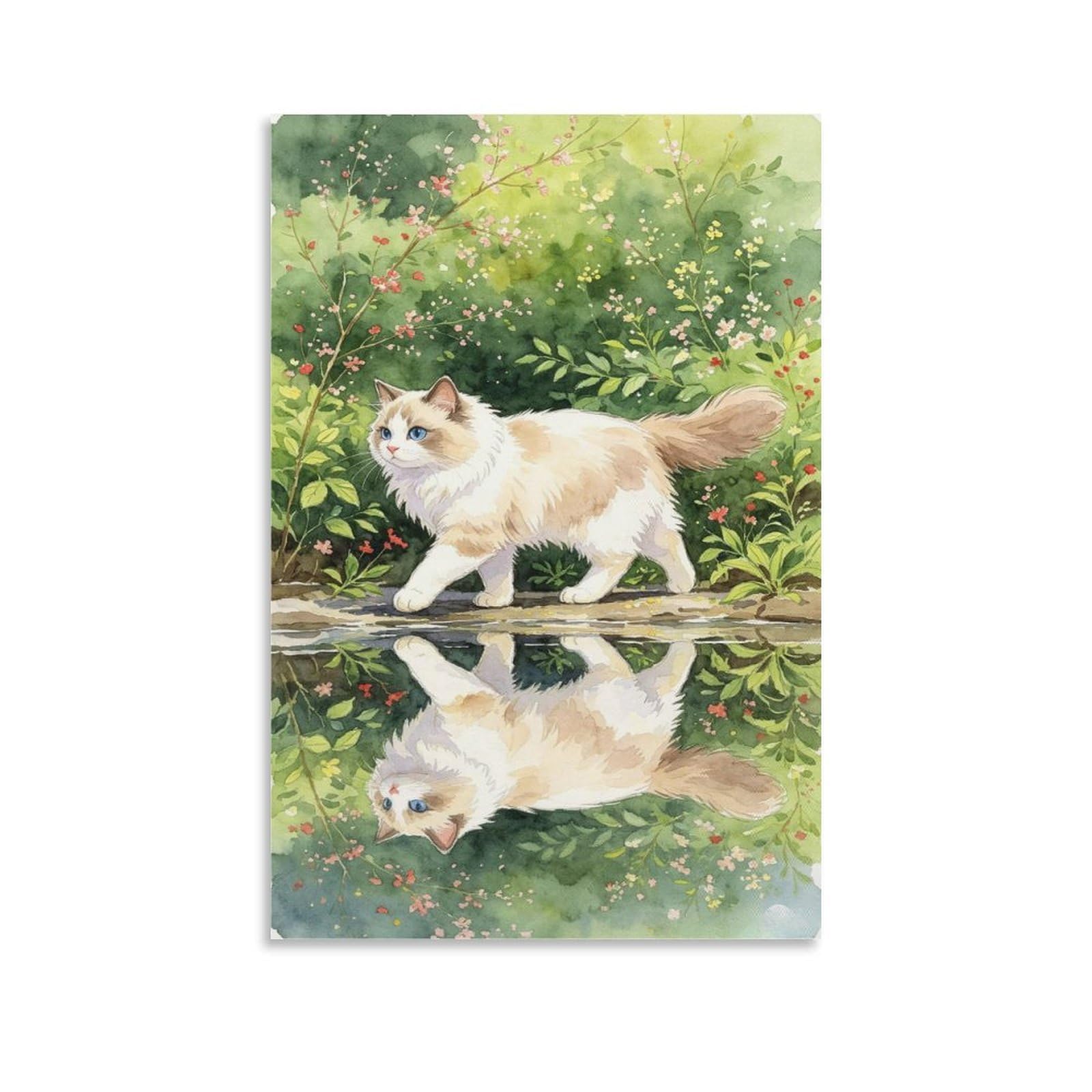 IEJKLUVWX Leafy Reflected Ragdoll Art Print Fluffy Feline Portrait Waterproof Canvas Moisture Resistant Ready to Hang for Above Bed Sofa Background Home Decor Lover Original 20x30inch(50x75cm)
