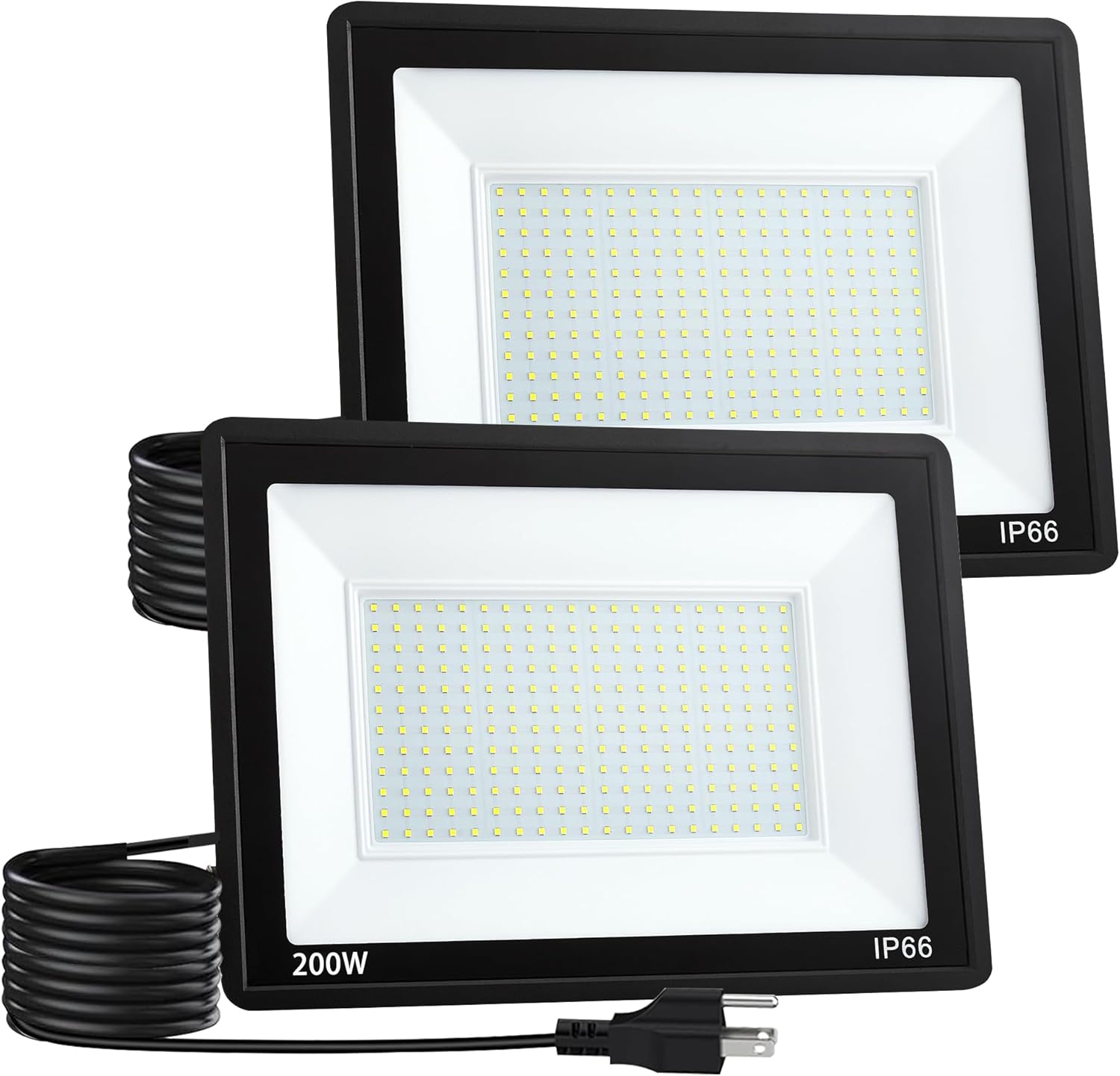 200W LED Flood Light Outdoor, LED Work Light,Floodlight Fixture with Plug in IP66 Waterproof, 6500K 2Pack Security Light for Yard Garden Stadium Garage Playground