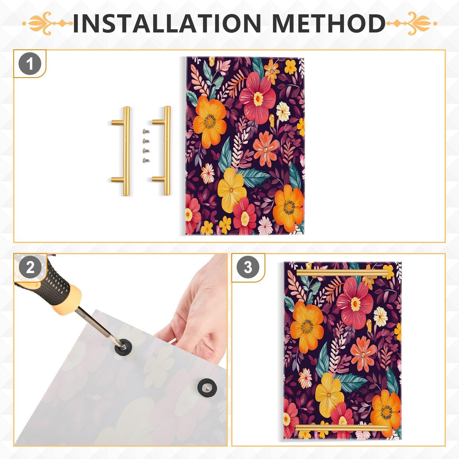 BOESI Doodle Colorful Flowers Tray, Tray with Handles, Countertop Organizer, Decorative