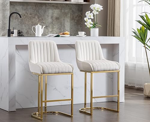 Miniatura 1 de CIMOTA Juego de 2 taburetes de bar de altura de mostrador con respaldo, taburetes de cocina modernos con patas doradas, sillas de isla de