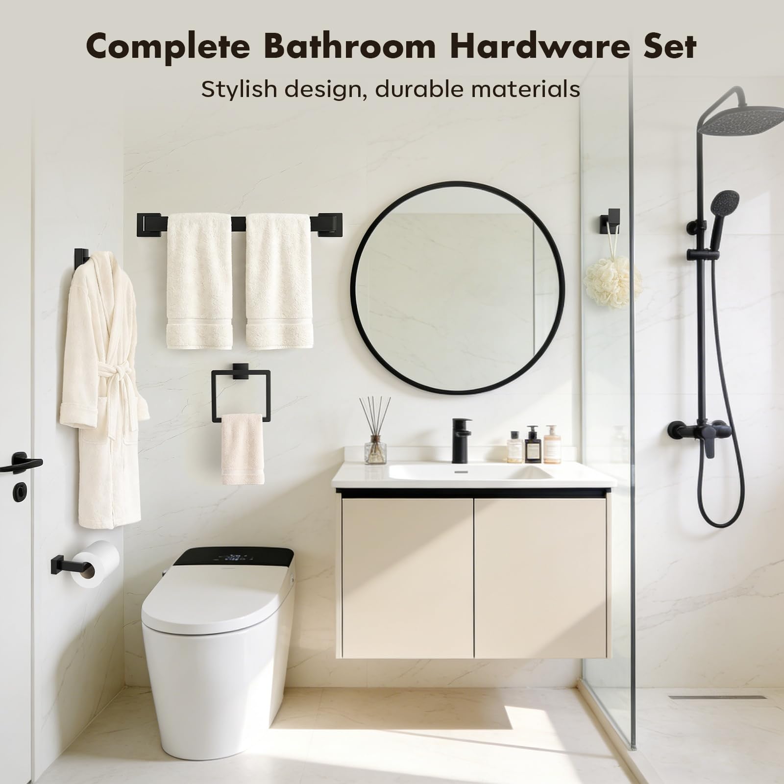 Juego de 10 Accesorios de baño Negro Mate, Juego de Accesorios de baño de Acero Inoxidable, toalleros para baño montado en la Pared de 23.6 Pulgadas.