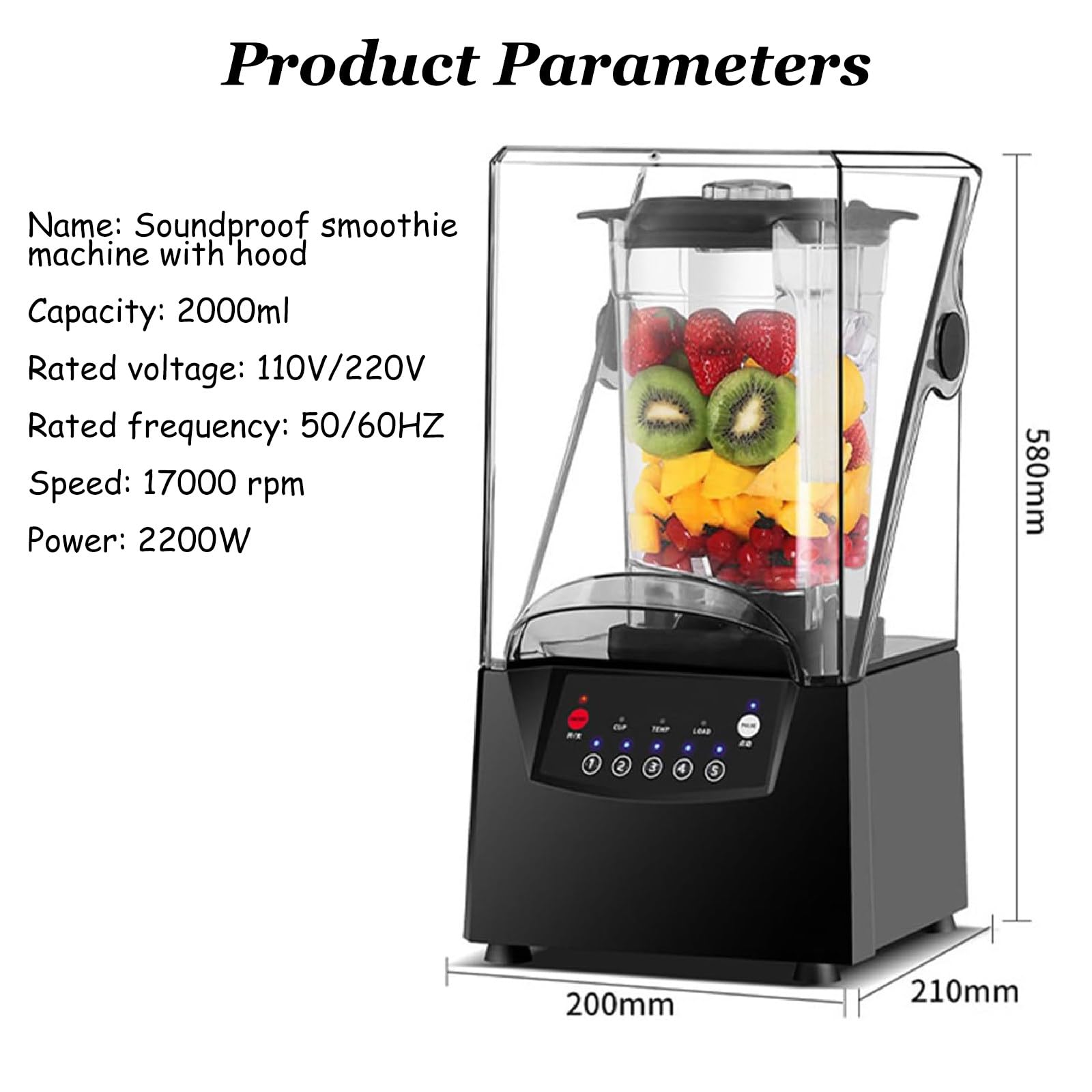 Kommerzieller Mixer, 2200W Smoothie-Maker mit Lärmschutzschild und 68oz-Krug, Ice-Crush-Pro mit 6 Klingen aus Edelstahl für Restaurants, Shakes und Küchen