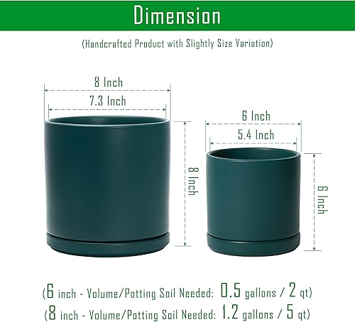 Miniatura 3 de D'vine Dev Macetas de cerámica de 6 y 8 pulgadas para plantas con orificio de drenaje y platillo, juego de macetas medianas, color verde azulado,
