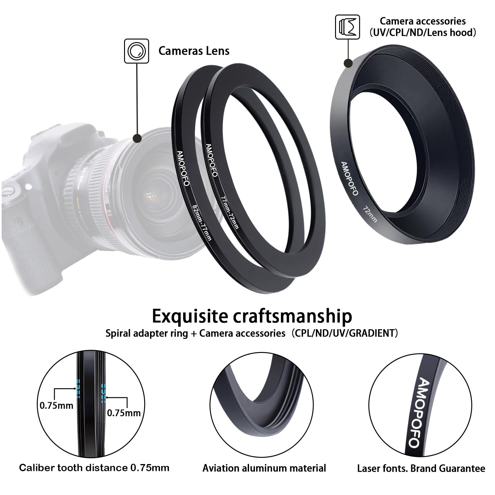 9 Stück 82-77mm/77-72mm/72-67mm/67-62mm/62-58mm/58-55mm/55-52mm/52-49mm/49-40.5mm Filterring Adapter-Set,Objektivfilter Step Down Ring kompatibel Alle Marken UV ND CPL