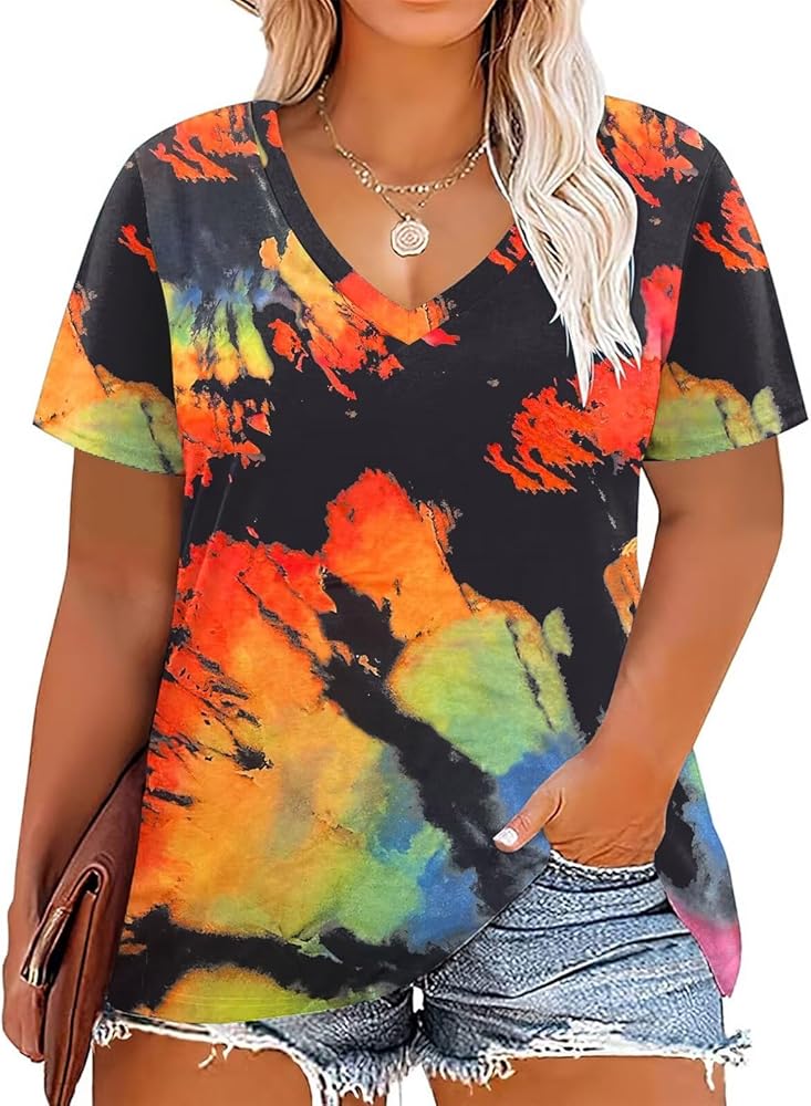 Summer Tops for Women Plus Size Tie Dye Casual Short Sleeve V Neck