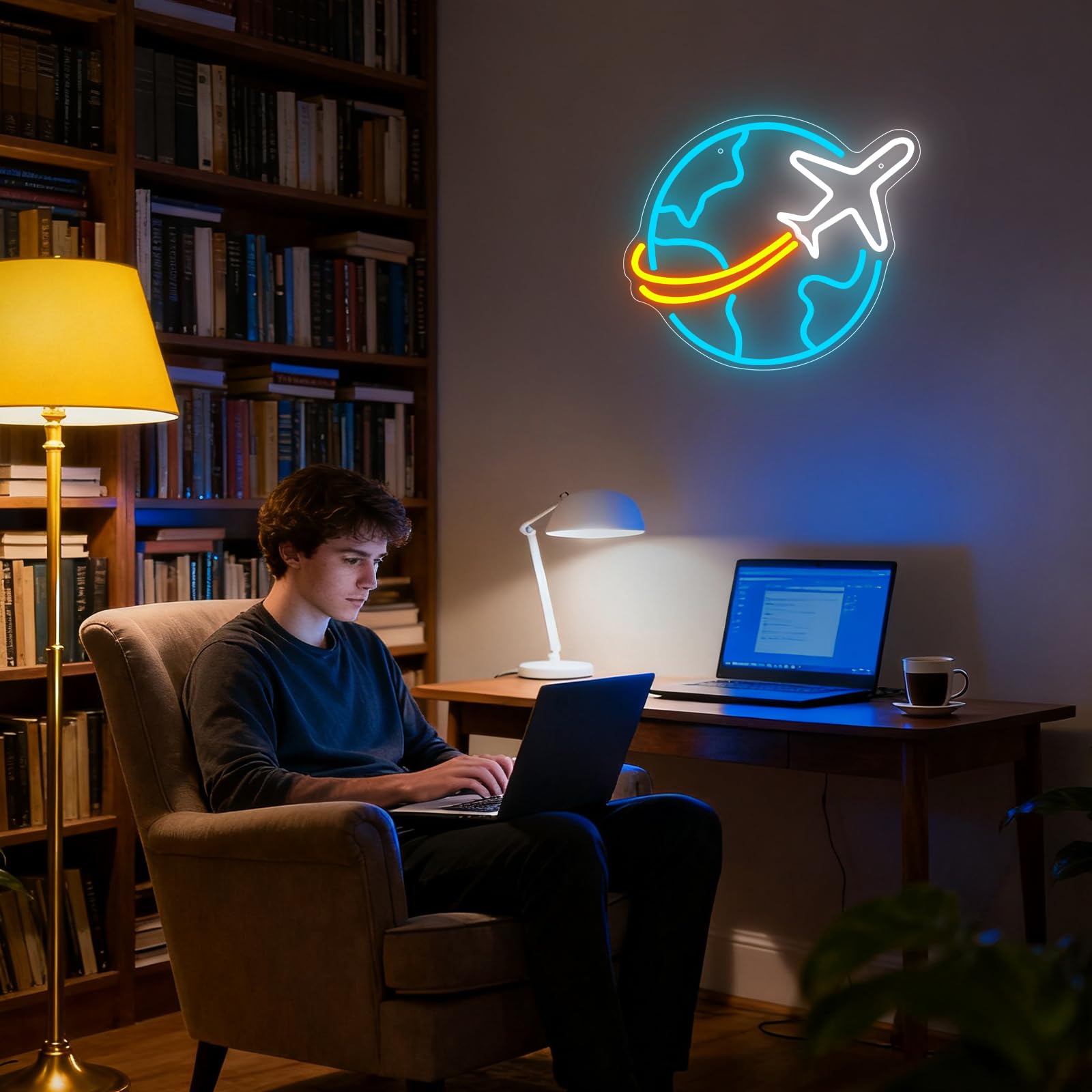 Segno al Neon Terra Aeroplano Mondo LED per Decorazione a Parete Luci al Neon Blu Ghiaccio USB Regolabili per Camera da Letto Camera Adolescente Uomo Grotta Chiesa Festa di Natale Decorazione Natale