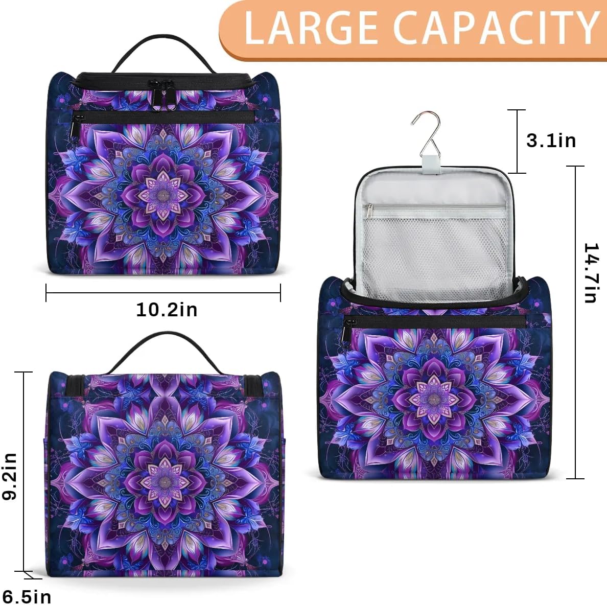 cfpolar Purple Ethnic Mandala Toiletry Bag for Women, Hanging Travel Toiletry Bag, Water-resistant Cosmetic Makeup Organizer for Toiletries and Cosmetics, Bathroom Shower Bag with Handle and Hook