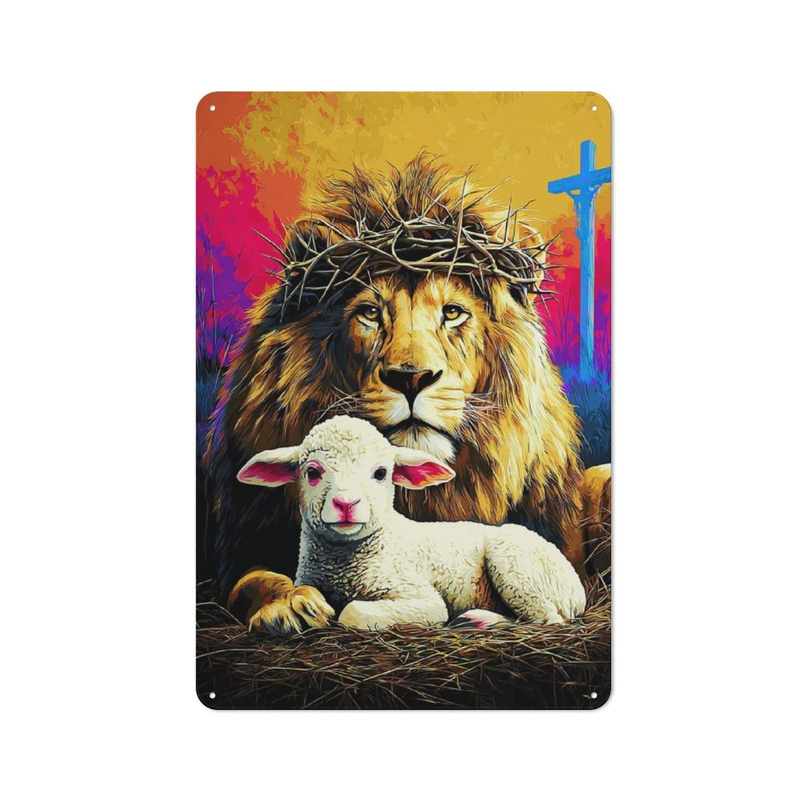 Junmoney Kingdom Of Peace Lion And Lamb Metal Sign 30X20cm With For Workshop Wall, Rustic Decor, Wall Decoration For Workshops And Hobby Rooms