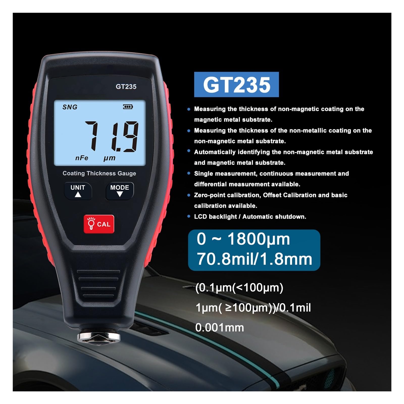 Miernik grubości lakieru, Cyfrowy miernik grubości powłoki 0.1 mikrona/0-1300/1800um FE/NFE Tester grubości powłoki lakierniczej GT235/GT230(GT230)