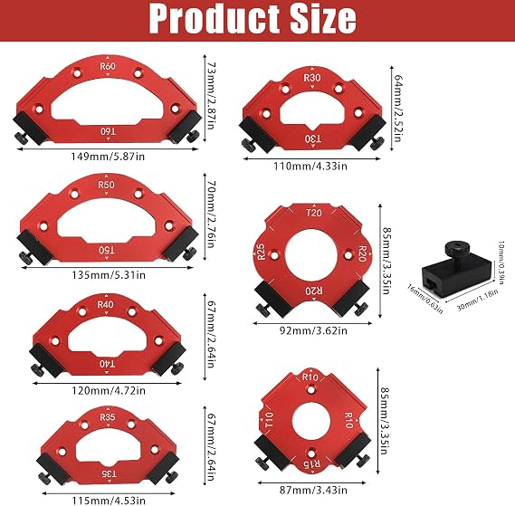 7 Pcs Router Corner Radius Jig Template Kit | 3-in-1 Aluminum Alloy Guide for R10 R15 R20 R25 R30 R35 R40 R50 R60 & T10 T20 T30 T35 T40 T50 T60 | Use with Handheld Router and Router Table