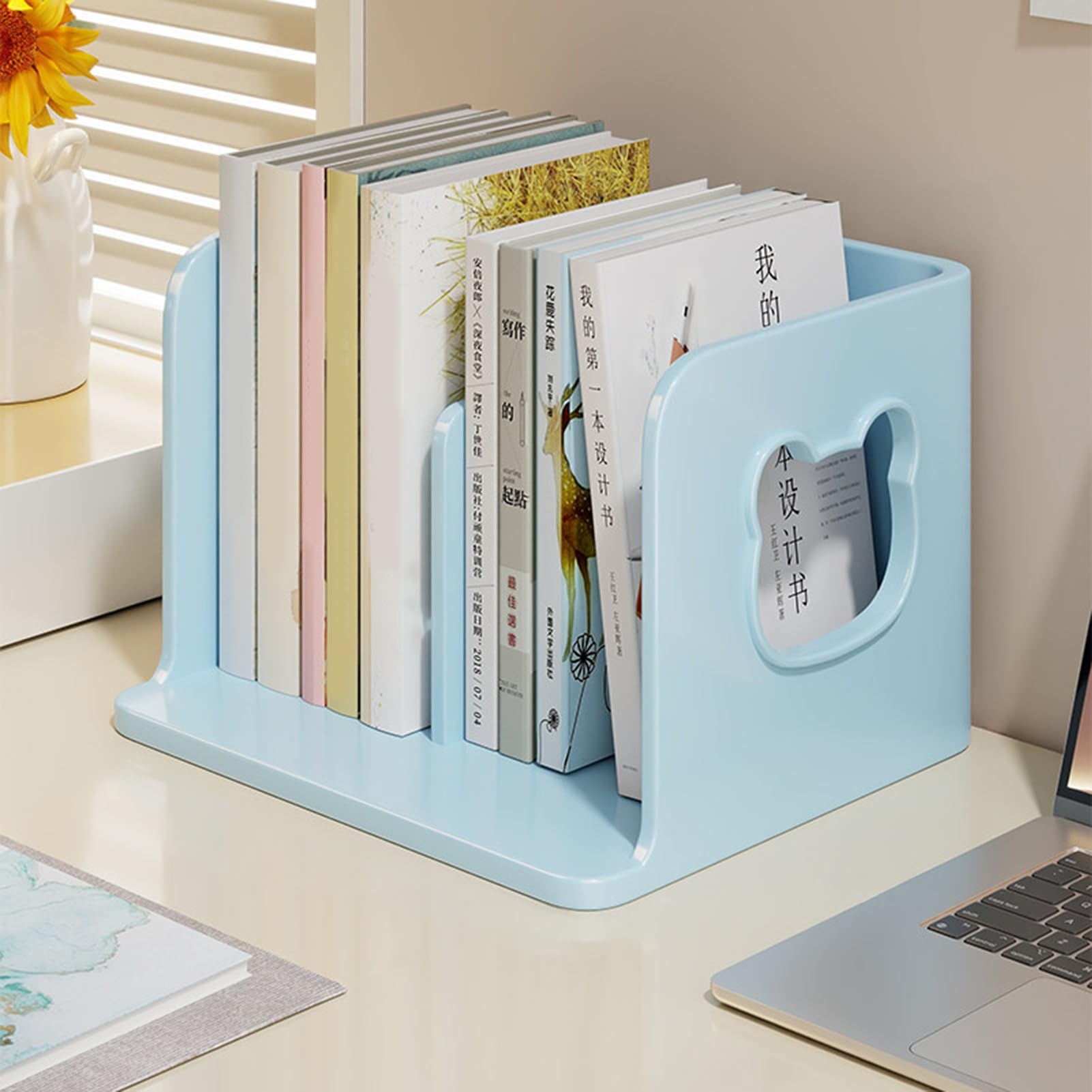Simpatico fermalibri per scrivania – Mensola porta libri per bambini pastello con multi-scomparto, base anti-ribaltamento e design aperto, decorazione per libri di testo, quaderni e penne