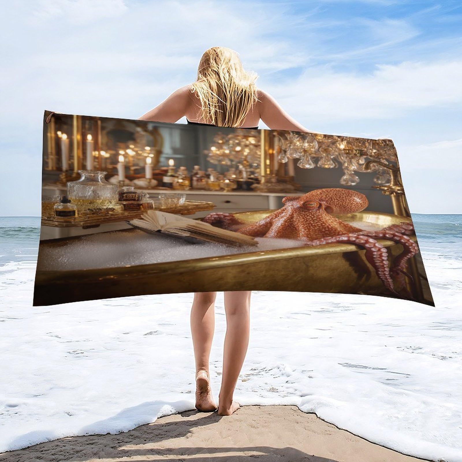 Luyysky Rustic Fantasy Elegant Octopus Quick-Drying Beach Towel, Classic Oil Painting Bathroom Art Sea Animals Octopus Book Travel Vacation Single Sided Pile Bathroom Towels-80 W Cm X 160" L Cm