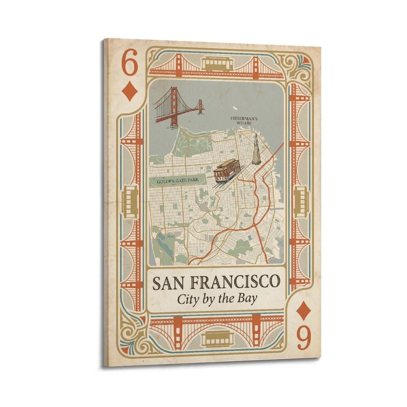OKNGB Vintage City Map Poster San Francisco Golden Gate Playing Card Style Decorative Painting Canvas Art Picture 20x30inch(50x75cm)