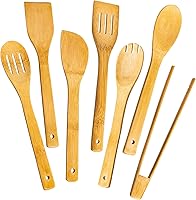 Eisinly 7-Piece Bamboo Cooking Utensils Set - Healthy Nonstick Wooden Spoons, Spatulas, Ladle, Fork & Tongs