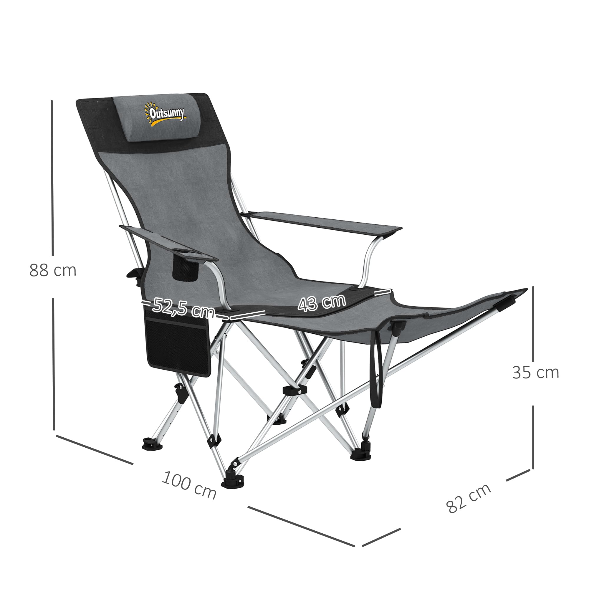 Outsunny Conjunto de 2 Sillas Plegables Camping Tumbonas Camping Portátiles con Reposapiés Desmontable Reposacabezas Portavasos y Bolsa Lateral Carga 120 kg para Jardín Playa Pesca Gris y Negro