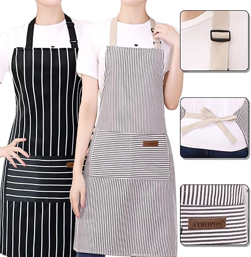 Miniatura 3 de ATROPOS Paquete de 2 delantales de cocina ajustables con babero suave con 2 bolsillos para mujeres y hombres, chef L, rayas negras y marrones
