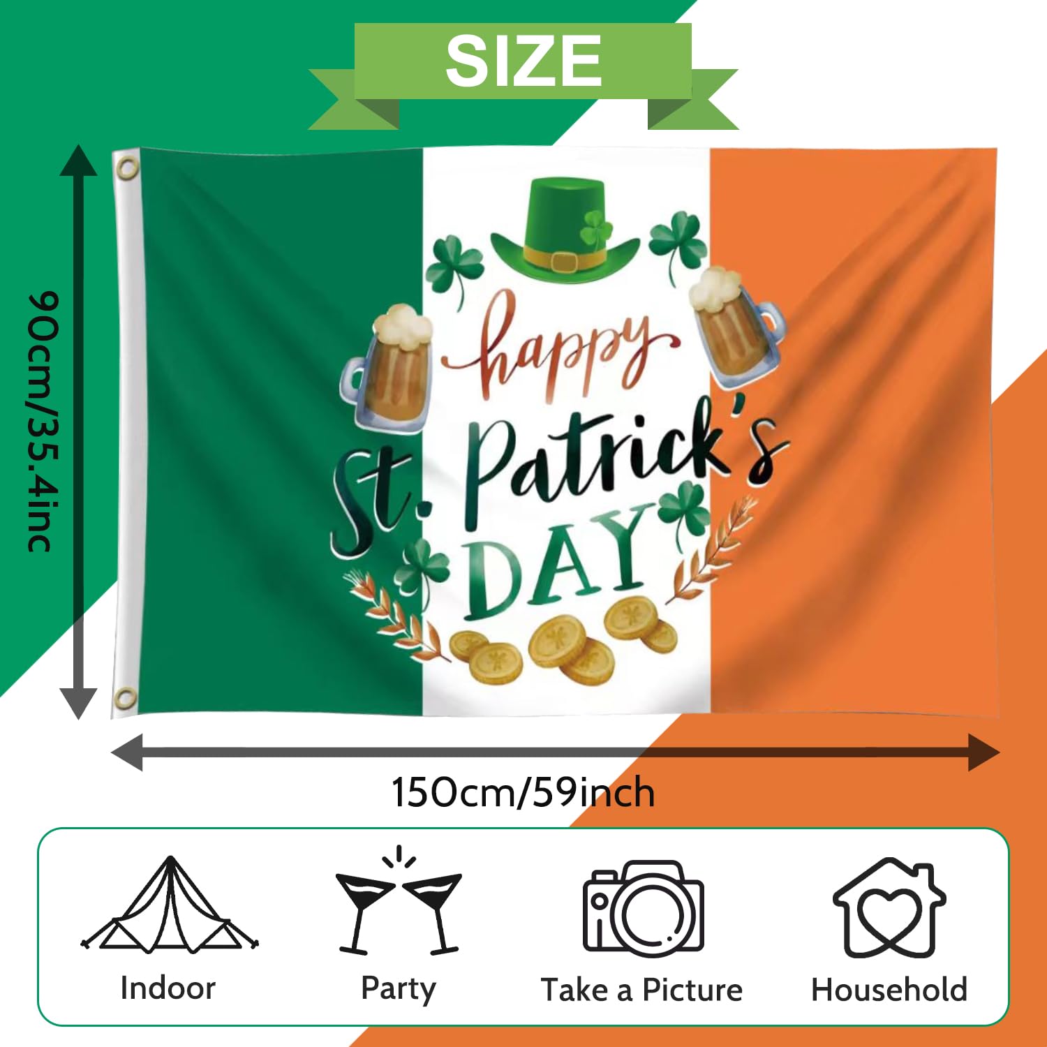Happy St Patrick's Day Irish Flag, 3x5 Feet Vibrant Colors Ireland Flag Banner Print with Coins Shamrock, 2 Brass Eyelets - Image 4