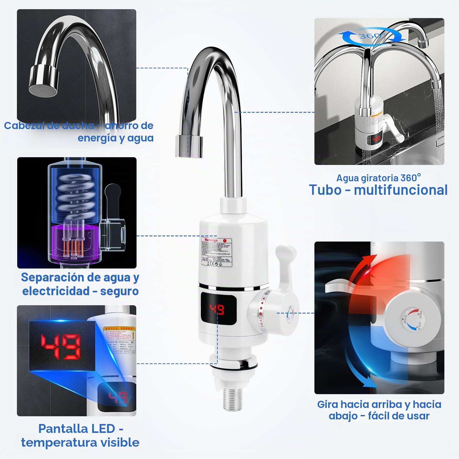 Grifo eléctrico con calentador de agua, 220 V, 3000 W, grifo de agua caliente, grifo de cocina para cocina, jardín, baño, caravana, camping