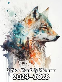 Watercolor Wolf 5 Year Monthly Planner 2024-2028: Large 60 Month Calendar | Gift For People Who Love Forest Animals, Wildlife Animal Lovers | For Back ... Work | 8.5 x 11 Inches | 121 Pages | v2