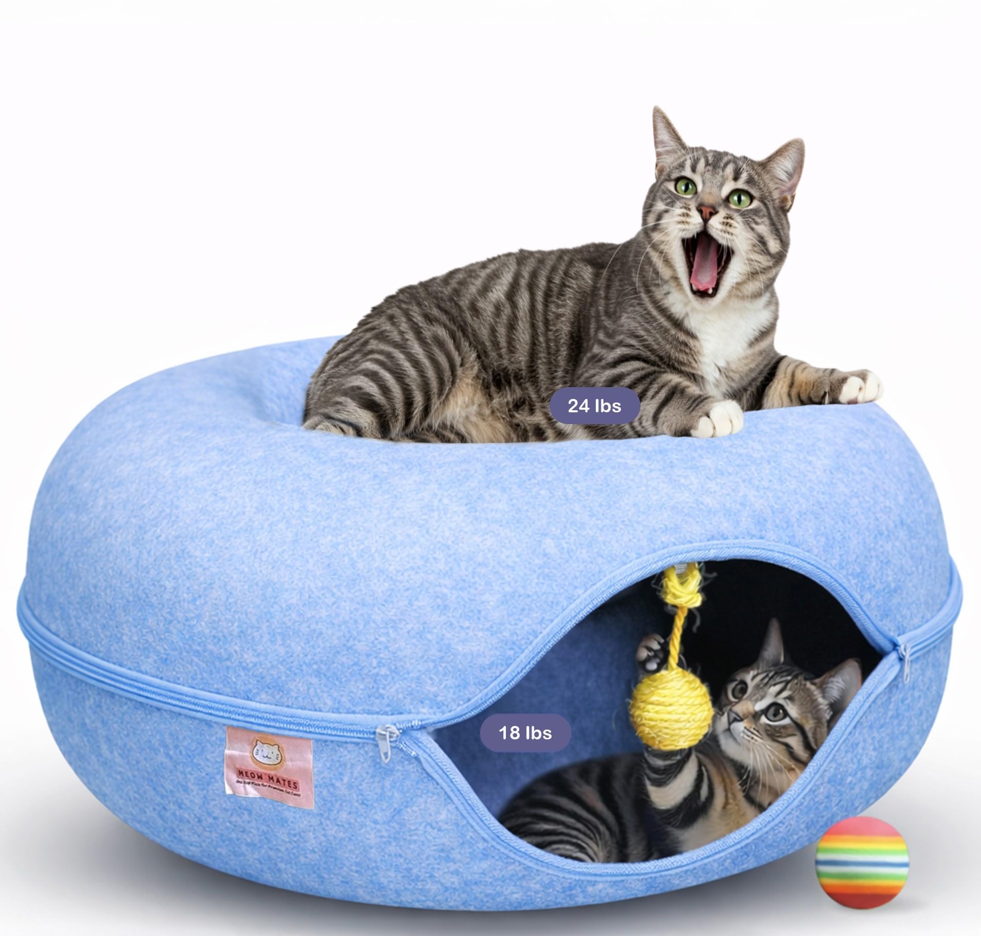 MEOW MATES Peekaboo Cat Tunnel Bed with Hanging Ball Toy – Large Cat Tunnels for Indoor Cats up to 30lbs – Round Cat cave Bed with Scratch-Resistant, Easy to Wash & Cozy Design (Blue, Large)