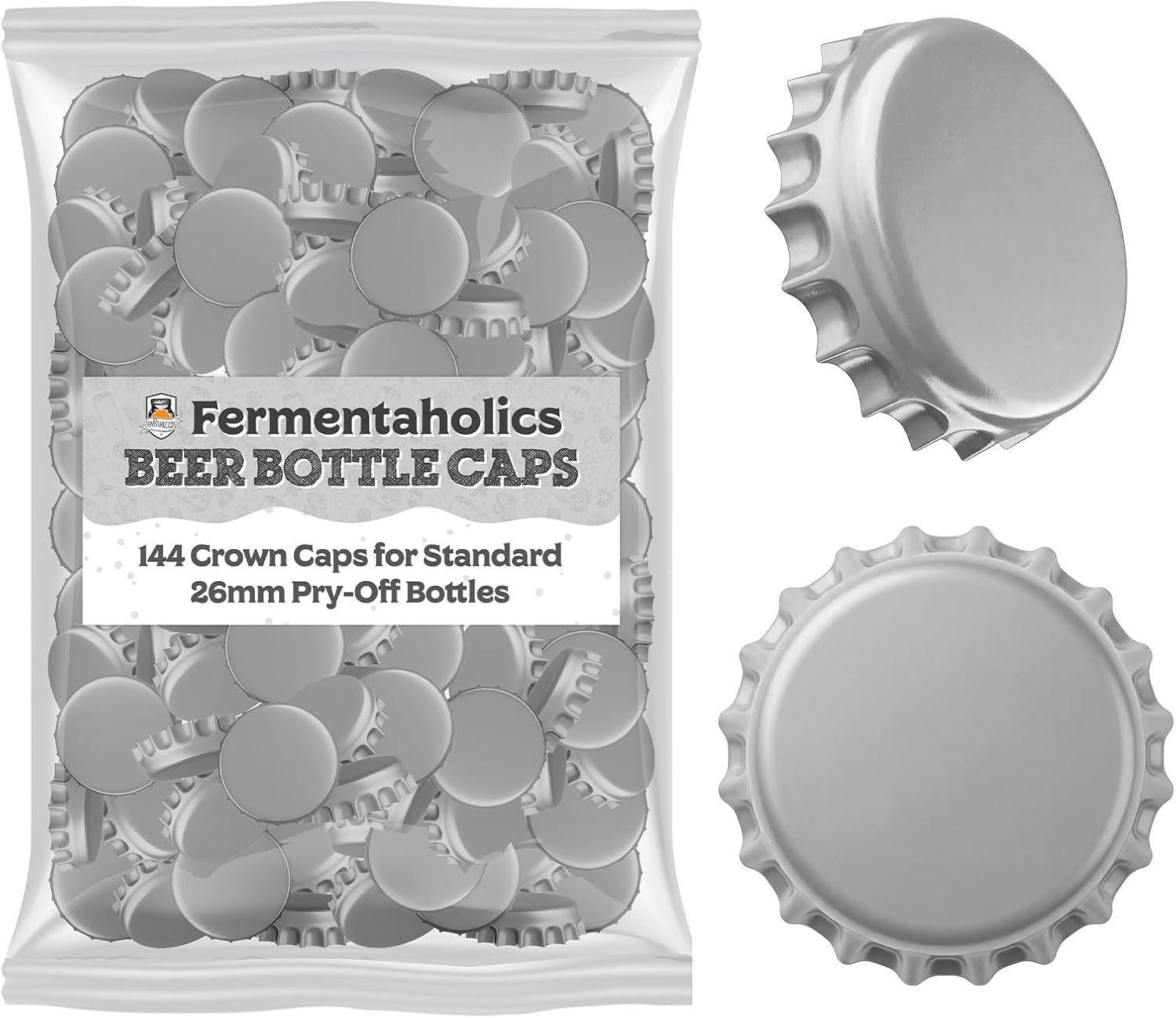 Fermentaholics Silver Beer Bottle Caps - 144 Count Oxygen Absorbing Bottle Lids – 26mm Crown Caps for Homebrewing Beer, Cider, Soda, DIY Crafts and more – Fits Standard American Pry-Off Bottles