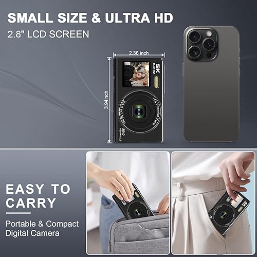 Miniatura 7 de Cámara digital 5K 80MP con zoom digital y flash de 18X, cámara de video de doble pantalla para YouTube con tarjeta TF de 32 GB y 2 baterías, cámara