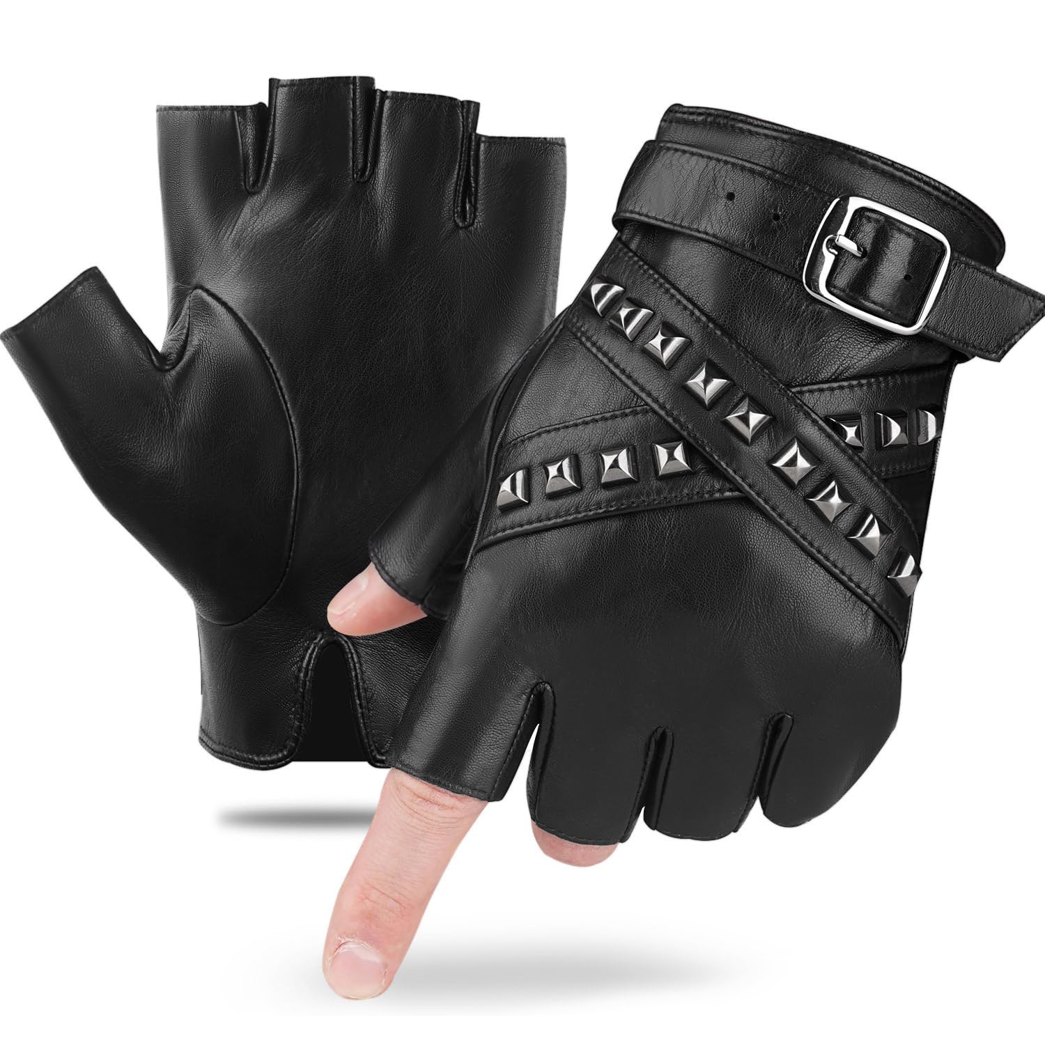 FIORETTO Mens Fingerless Leather Gloves Half Finger Punk Style Sheepskin for Driving Motorcycle M16519