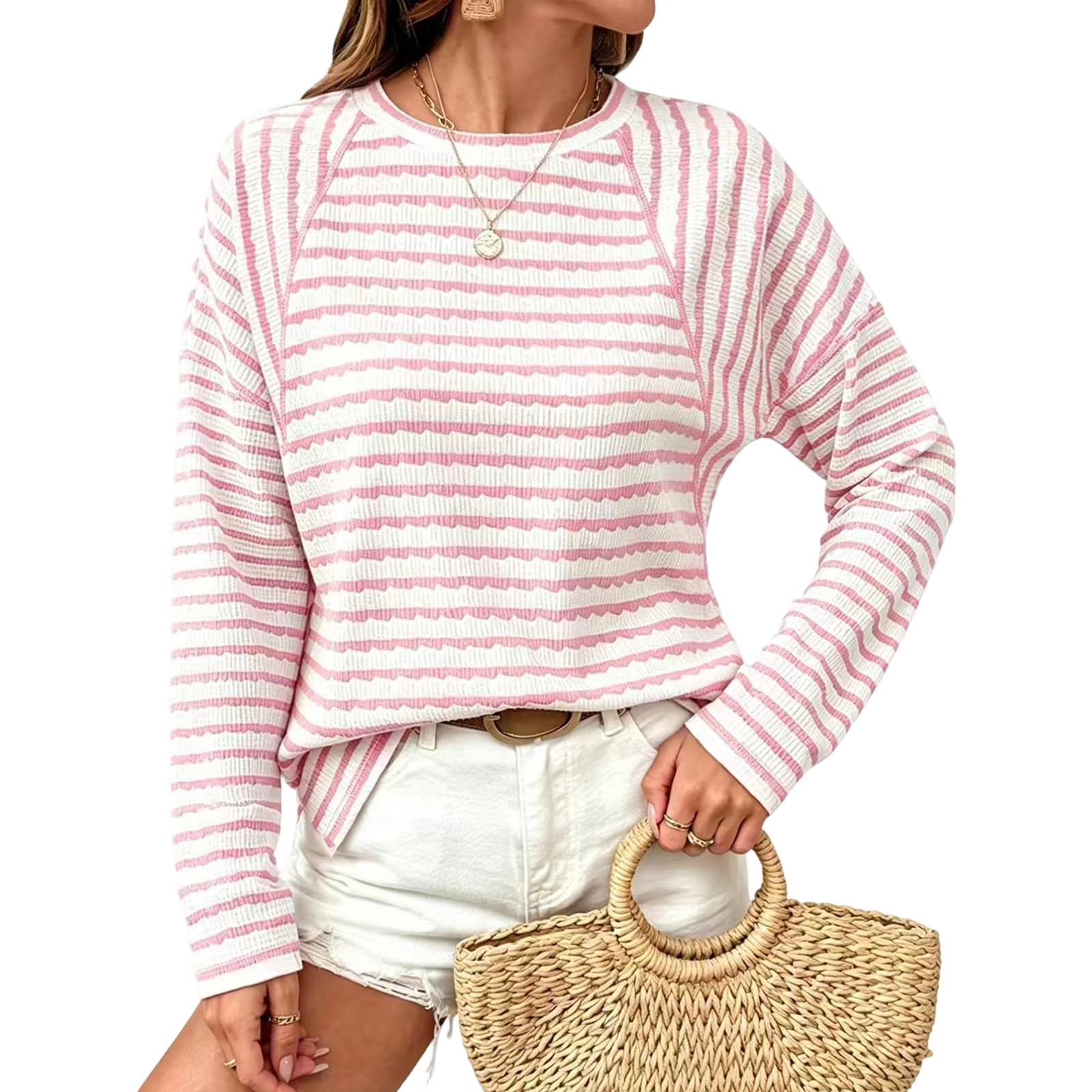 Top da donna a manica lunga con girocollo raglan a righe in maglia strutturata