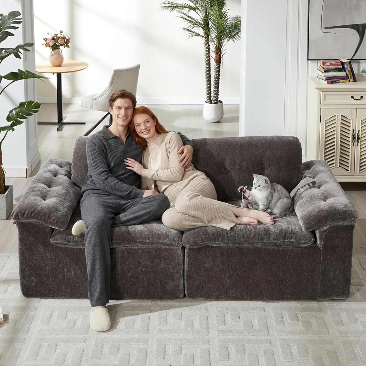 79” Cloud Sectional Couch, Deep Seat Boneless Sofa for Living Room with Loveseat Chaise, Comfy Chenille Modular Sectional Sofa Made of Memory Foam, No Assembly Required (Grey)