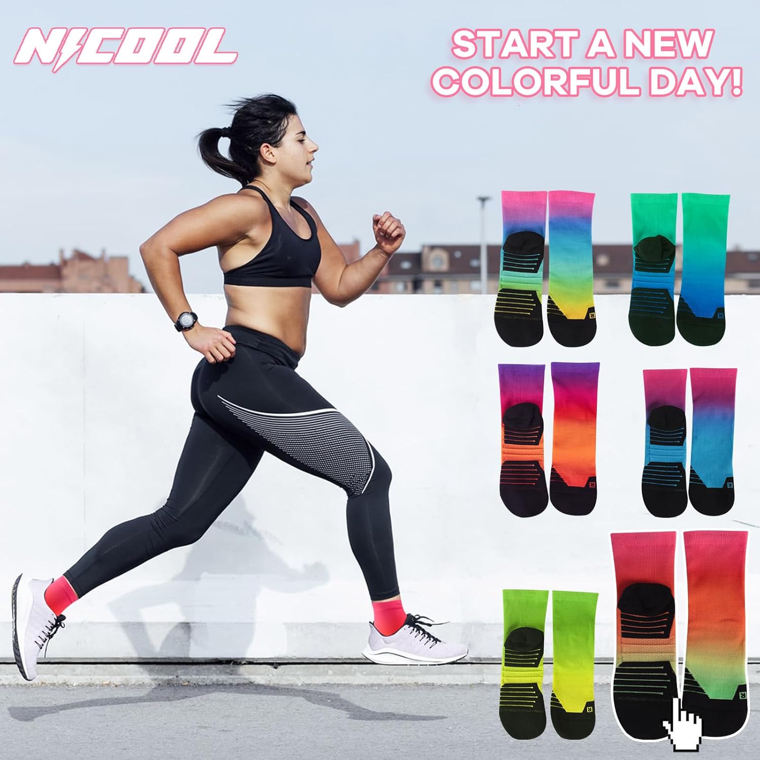 NIcool Cycling Socks For Men, 1/3 Pairs Bright Seamless Compression Running Crew Socks Youth Cushioned Tennis Quarter Socks