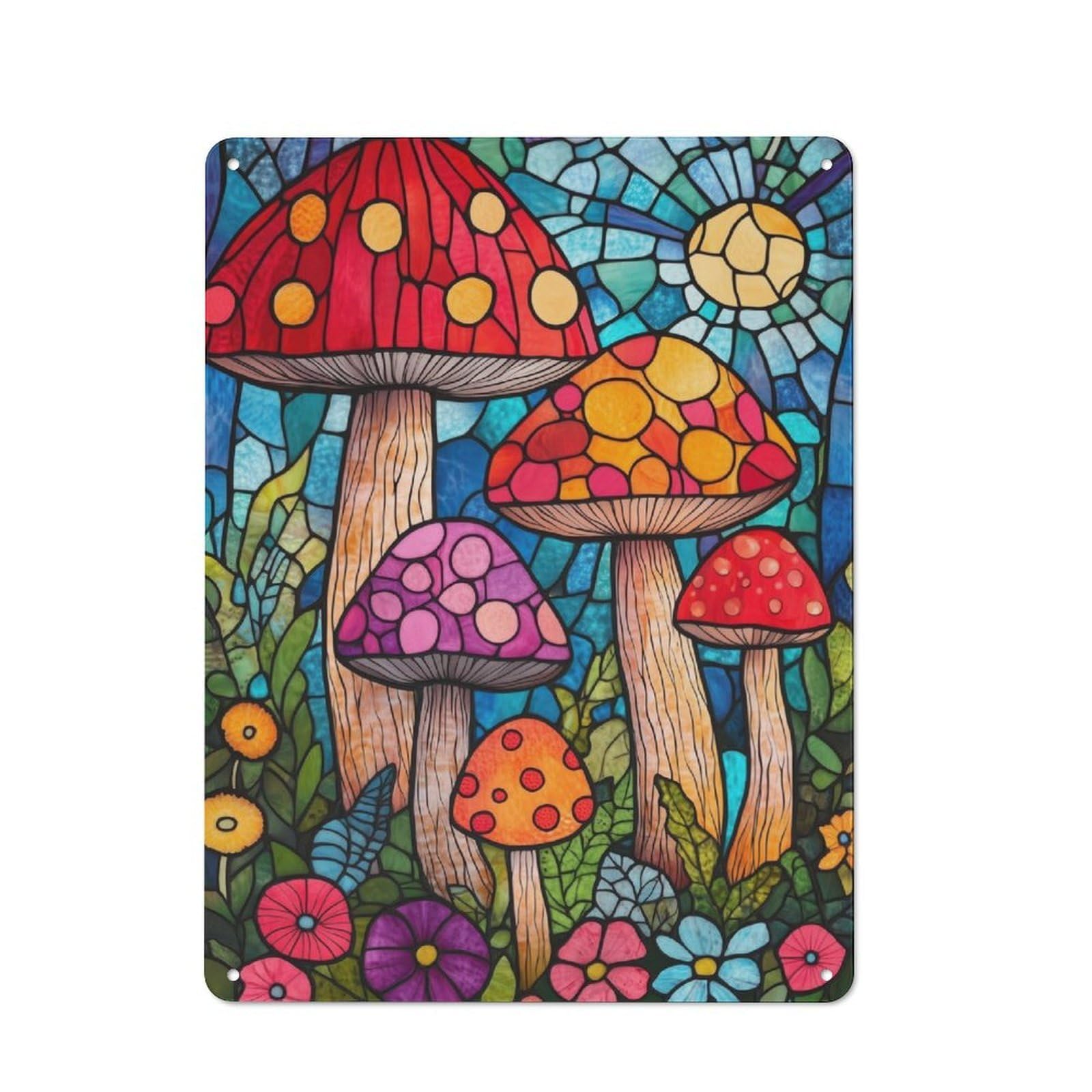 Junmoney Stained Glass Mushrooms Vintage Tin Sign 40X30cm With For Garage Wall, Suited To People Furnishing A Garage