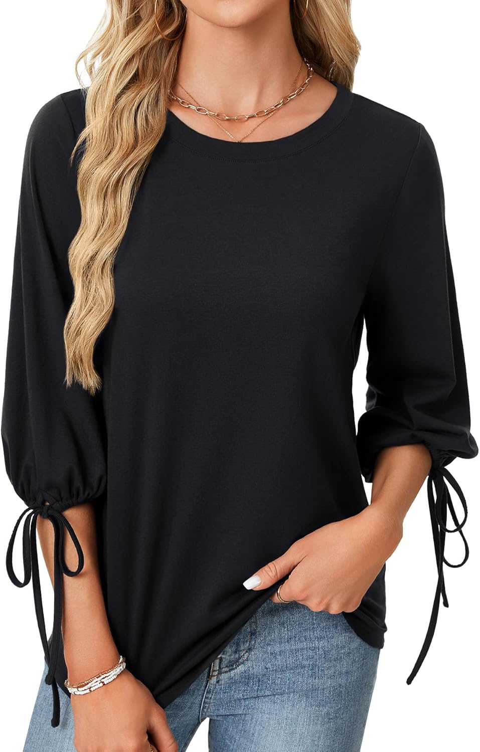 Vrtige Women Blouse 3/4 Tie Bow Sleeve Top Round Neck Tunic Tops Shirt - Image 2