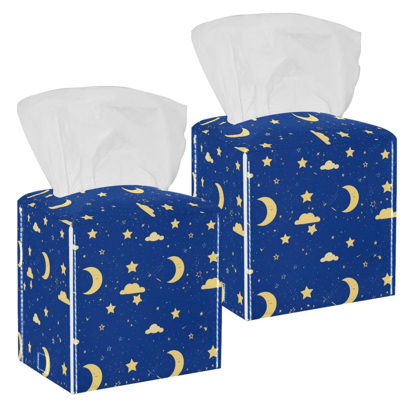 Moon and Stars Tissue Box Cover, 2 Pack PU Leather Square Facial Tissue Dispenser Box holder for Home Office Car
