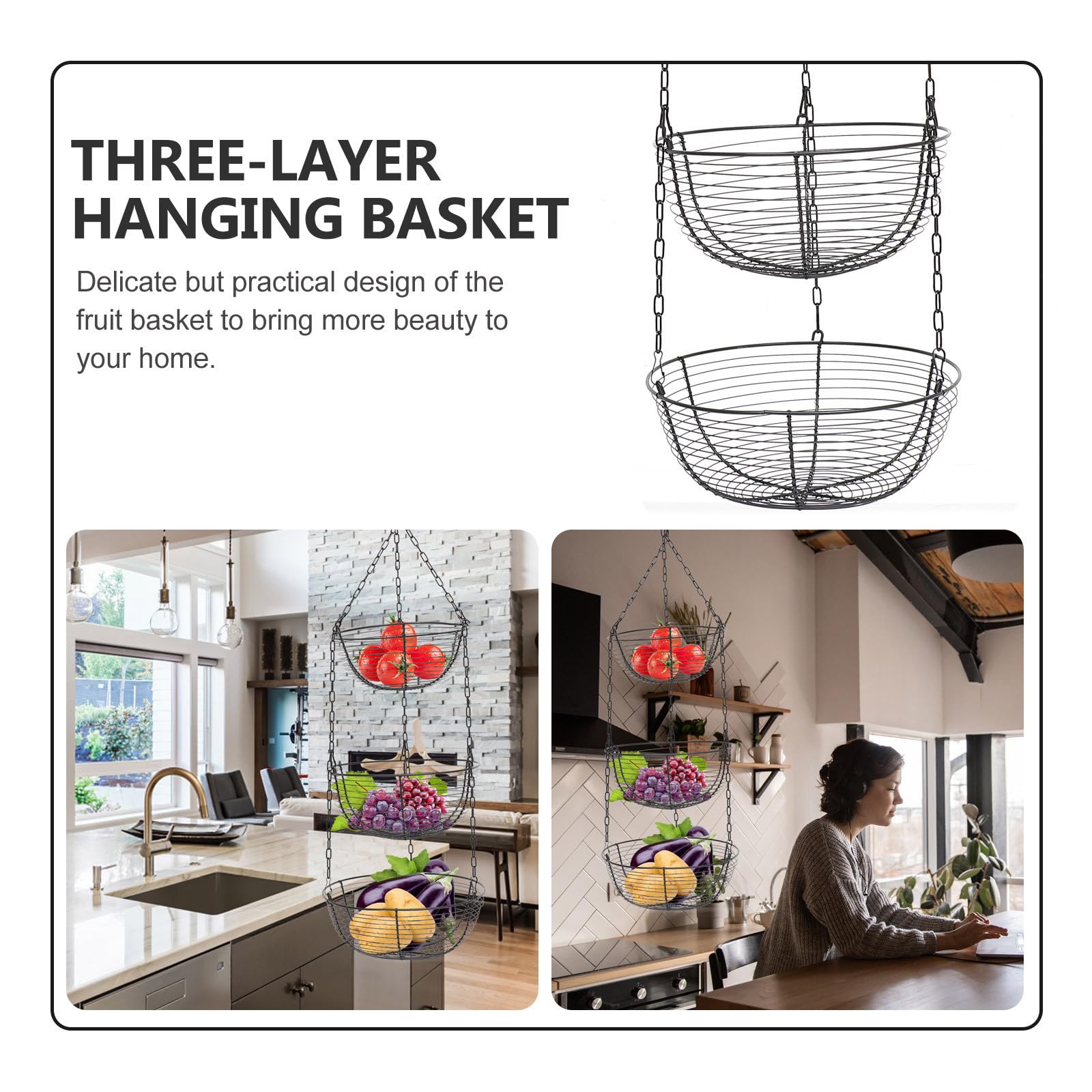 Zerodeko Schwarzer Dreilagiger Hängekorb aus Eisen für Obst und Kleine Gegenstände Hohles Design für Frische Luftzufuhr für Zuhause und Café