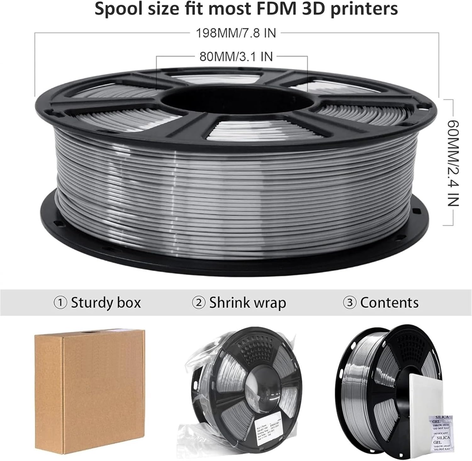 Silk Silver PLA Filament 1.75mm, 500g and 1kg Spool, Vacuum Packaged 3D Printer Filament with Metallic Shine(PLA Silk Silver B)