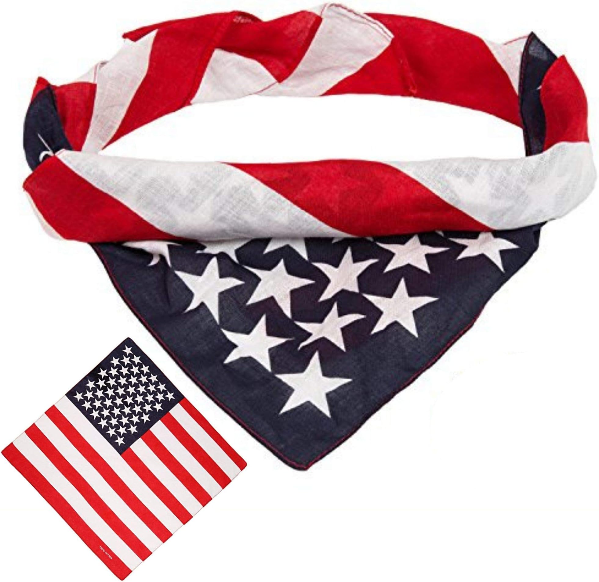 BETTERLINE American Flag Bandana Headband - USA Flag Patriotic 100% Cotton Apparel - 22" x 22" Moisture Wicking Athletic Microfiber Fabric, Blue, White, Red
