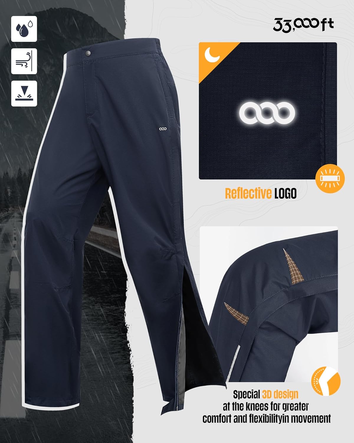 33,000ft Women's Side Zipper Rain Pants Lightweight Rain Over Pants Windproof Outdoor Pants for Hiking Fishing Golf - Image 3