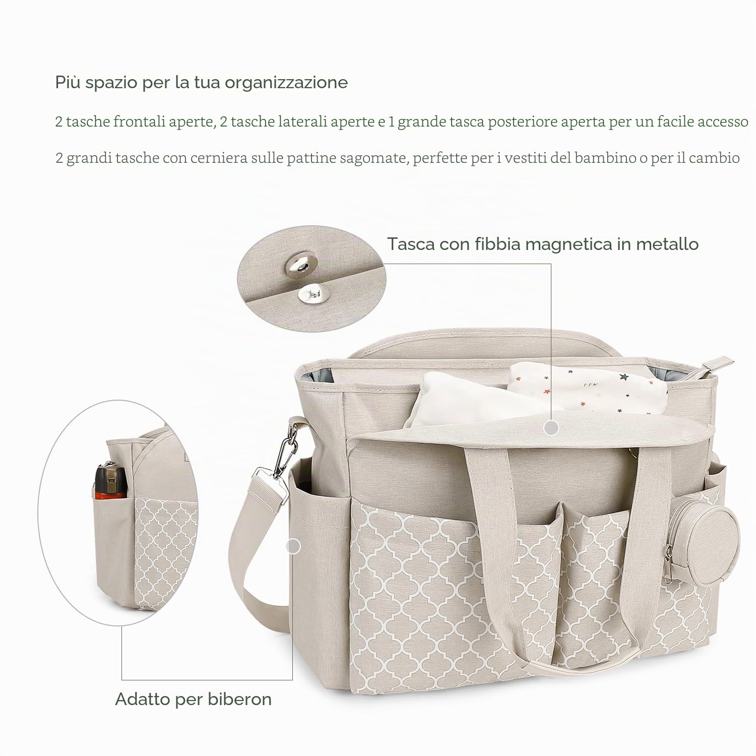Borsa per pannolini con fasciatoio multifunzione Beige tracolla regolabile