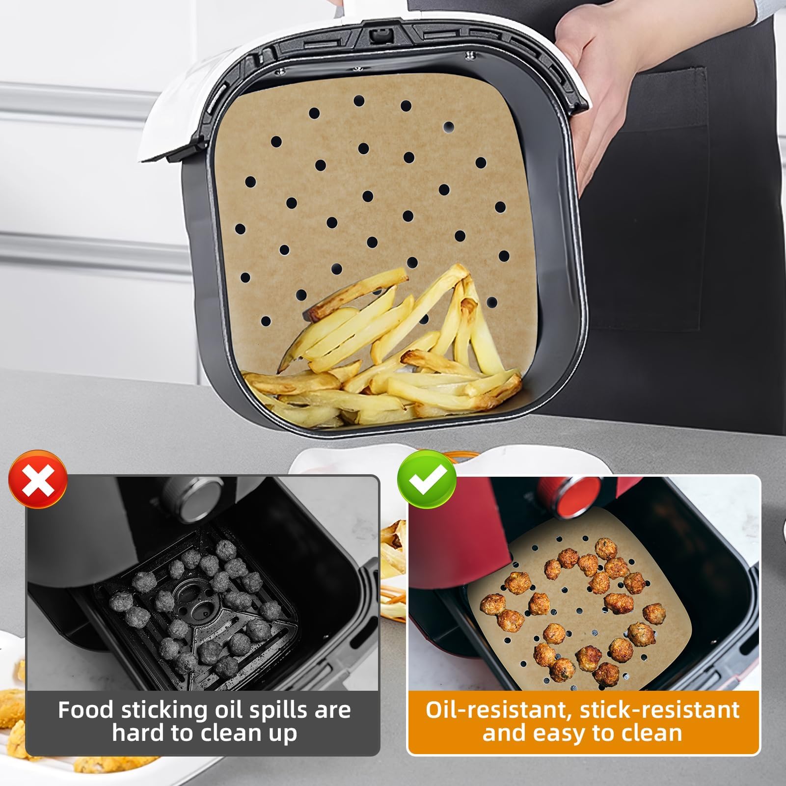 250 Feuilles Papier Friteuse à Air 22x22cm - Antiadhésif, Résistant Huile, Compatible Toutes Marques